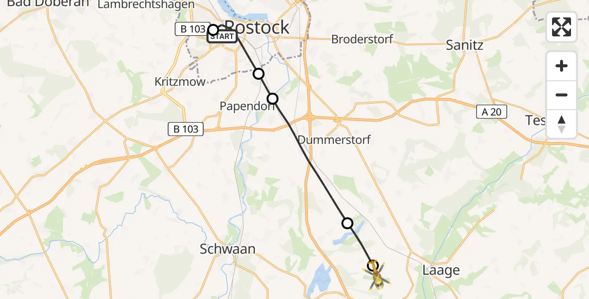 Flugroute Rettungshubschrauber Rostock University Hubschrauberlandeplatz - Flughafen Rostock-Laage, 06 Juli 2026, 16:04