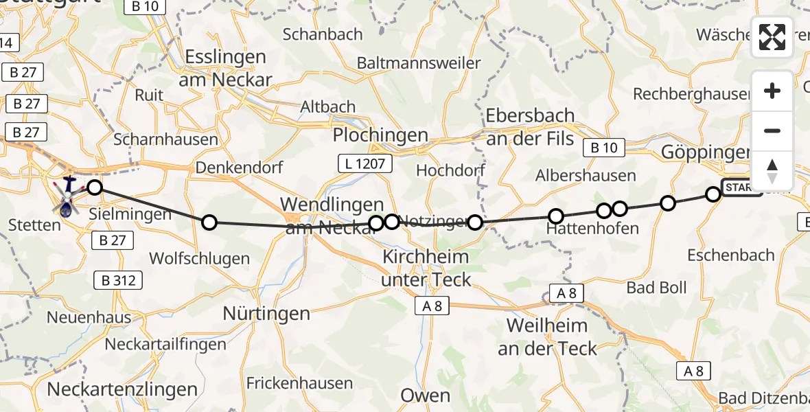 Flugroute Polizeihubschrauber Göppingen - Flughafen Stuttgart, 06 Juli 2026, 16:08
