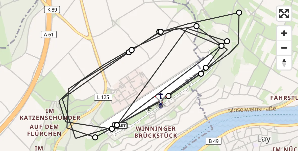 Flugroute Polizeihubschrauber Winningen - Koblenz-Winningen Flugplatz, 06 Juli 2026, 16:12
