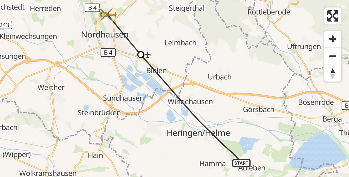 Flugroute Rettungshubschrauber Heringen/Helme - Südharz Hospital Nordhausen, 06 Juli 2026, 16:15