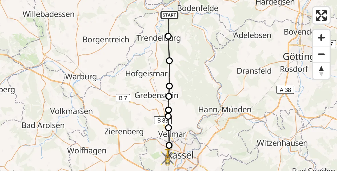 Flugroute Rettungshubschrauber Bad Karlshafen - Kassel, 06 Juli 2026, 16:16