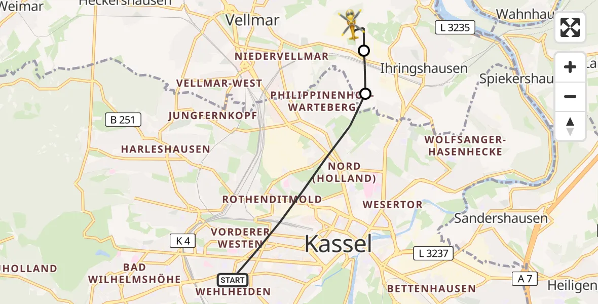 Flugroute Rettungshubschrauber Kassel - Fuldatal Bundespolizei Hubschrauberlandeplatz, 06 Juli 2026, 16:29