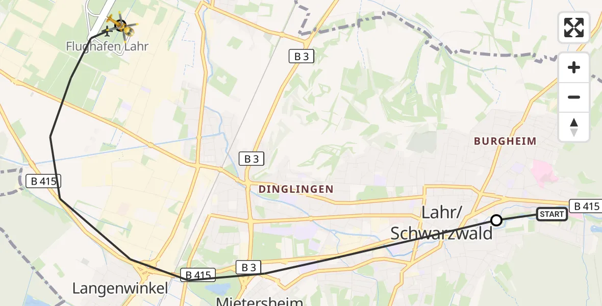 Flugroute Rettungshubschrauber Ortenau Hospital Lahr-Ettenheim - Lahr Flughafen, 06 Juli 2026, 16:30