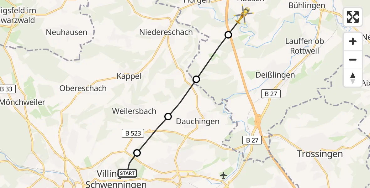 Flugroute Ambulanzhubschrauber DRF Air Rescue Station Villingen-Schwenningen Hubschrauberlandeplatz (Christoph 11) - Rottweil, 06 Juli 2026, 16:31