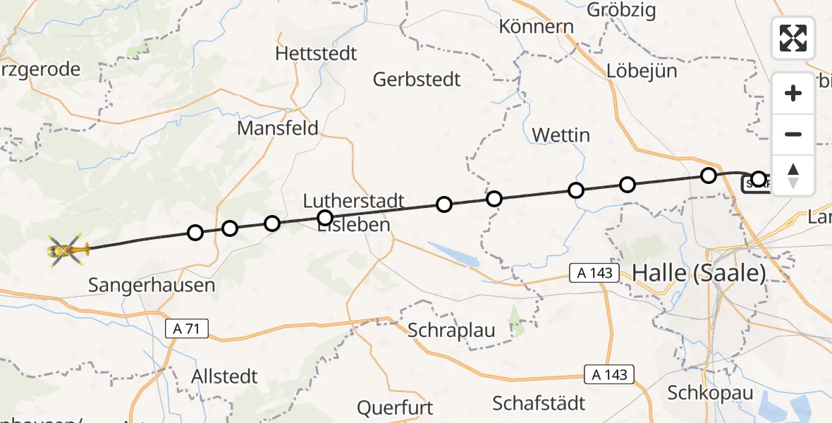 Flugroute Rettungshubschrauber Halle-Oppin Flugplatz - Sangerhausen, 06 Juli 2026, 16:36