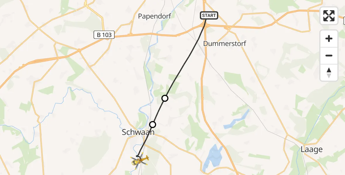 Flugroute Ambulanzhubschrauber Dummerstorf - Schwaan, 06 Juli 2026, 16:49