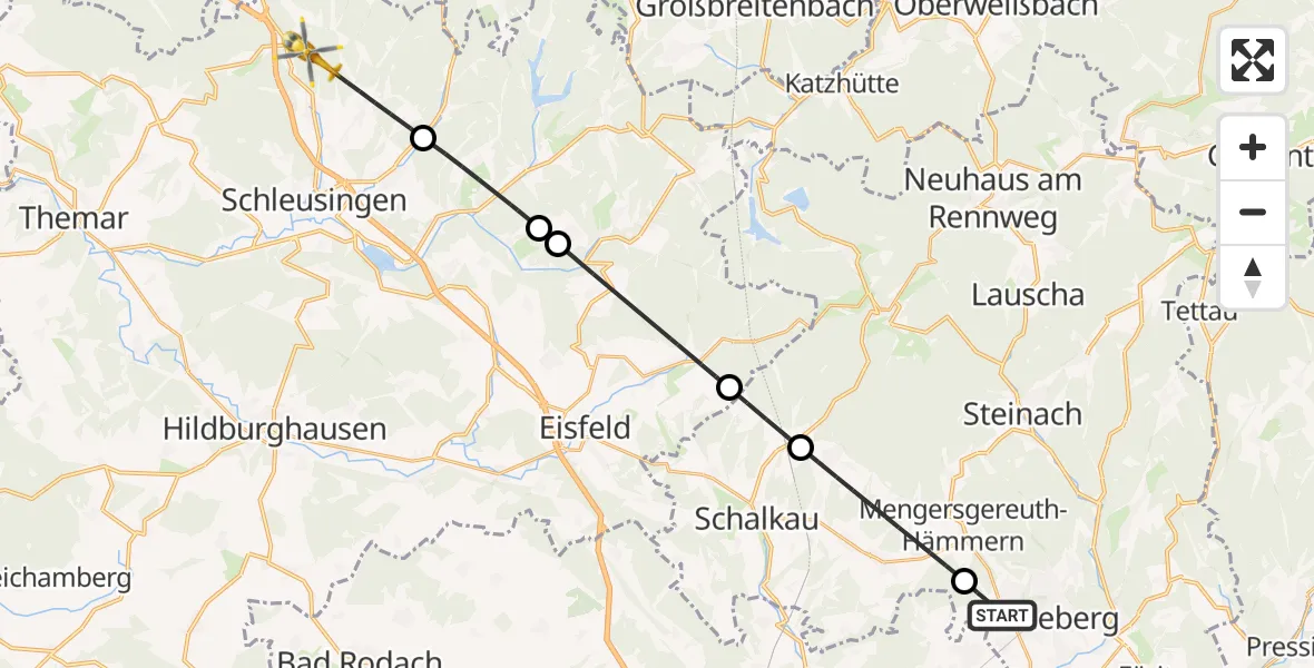 Flugroute Rettungshubschrauber Sonneberg - Schleusingen, 06 Juli 2026, 16:53