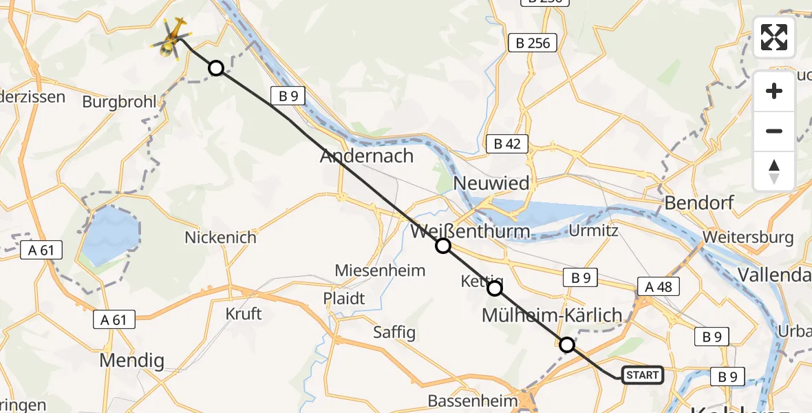 Flugroute Rettungshubschrauber Koblenz - Brohl-Lützing, 06 Juli 2026, 17:07