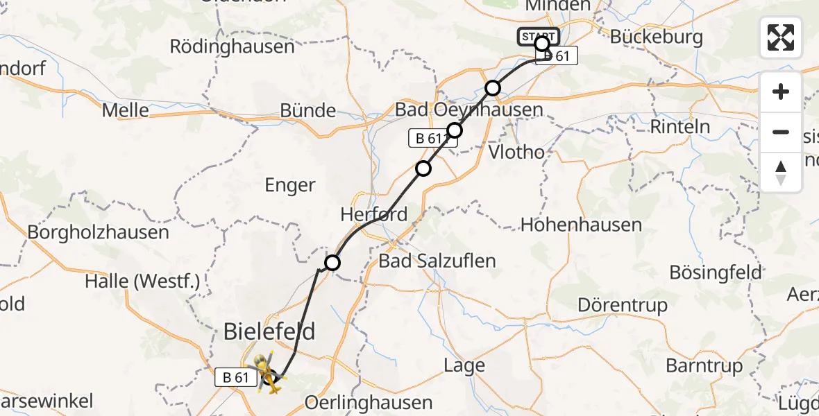 Flugroute Rettungshubschrauber Minden - Luftrettungszentrum Bielefeld, 06 Juli 2026, 17:12