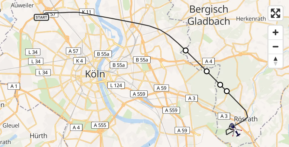 Flugroute Polizeihubschrauber Köln - Köln Bonn Flughafen, 06 Juli 2026, 17:16