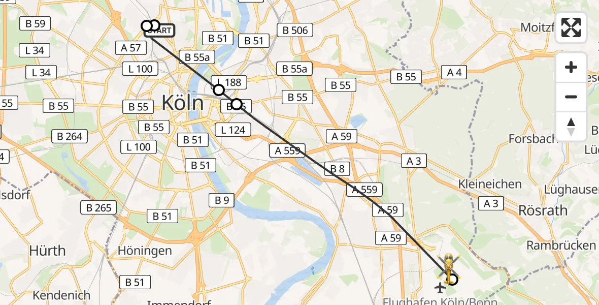 Flugroute Ambulanzhubschrauber Sankt Vinzenz Hospital - Köln Bonn Flughafen, 06 Juli 2026, 17:19