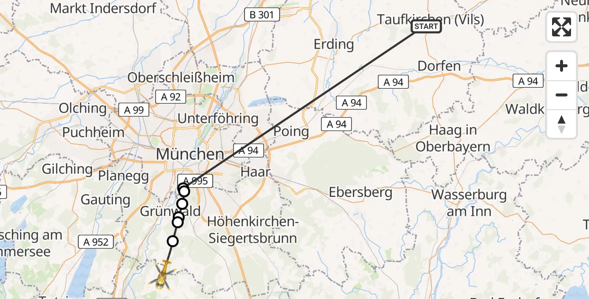 Flugroute Rettungshubschrauber Taufkirchen (Vils) - Egling, 06 Juli 2026, 17:19
