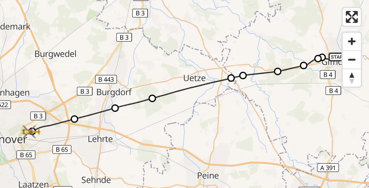 Flugroute Rettungshubschrauber Gifhorn - Hannover Luftrettung Hubschrauberlandeplatz (Christoph 4), 06 Juli 2026, 17:20