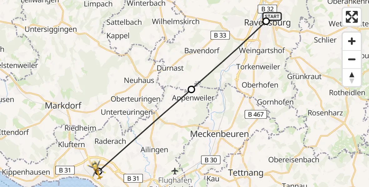 Flugroute Rettungshubschrauber Sankt Elisabeth Hospital - Friedrichshafen Hospital, 06 Juli 2026, 17:20
