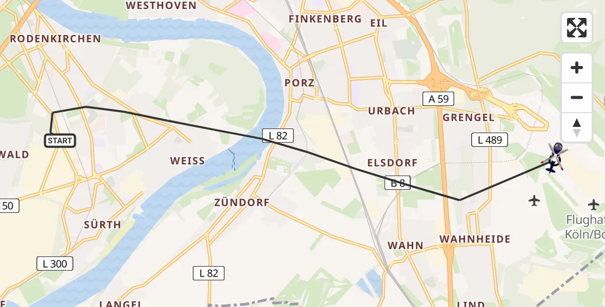 Flugroute Polizeihubschrauber Köln - Köln Bonn Flughafen, 06 Juli 2026, 17:21