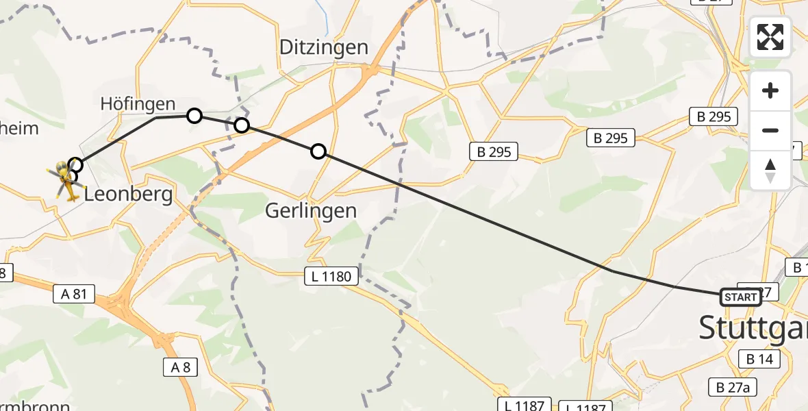 Flugroute Rettungshubschrauber Stuttgart - Leonberg Hospital, 06 Juli 2026, 17:23