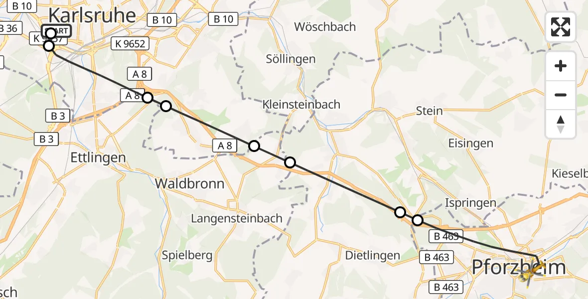 Flugroute Ambulanzhubschrauber Sankt Vincentius Hospital - Pforzheim, 06 Juli 2026, 17:29