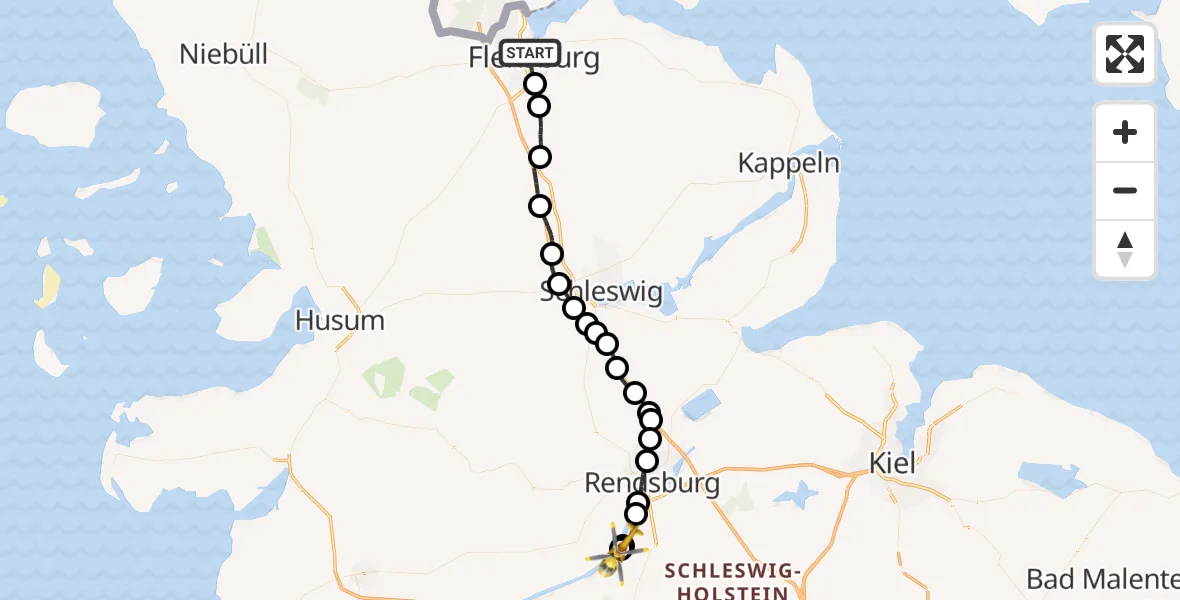 Flugroute Ambulanzhubschrauber Flensburg - Rendsburg-Schachtholm Flugplatz, 06 Juli 2026, 17:30