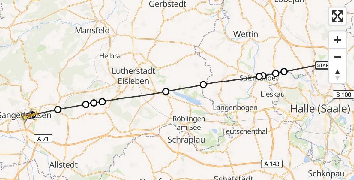 Flugroute Rettungshubschrauber Petersberg - Helios Clinic Mansfeld-Südharz, 06 Juli 2026, 17:35