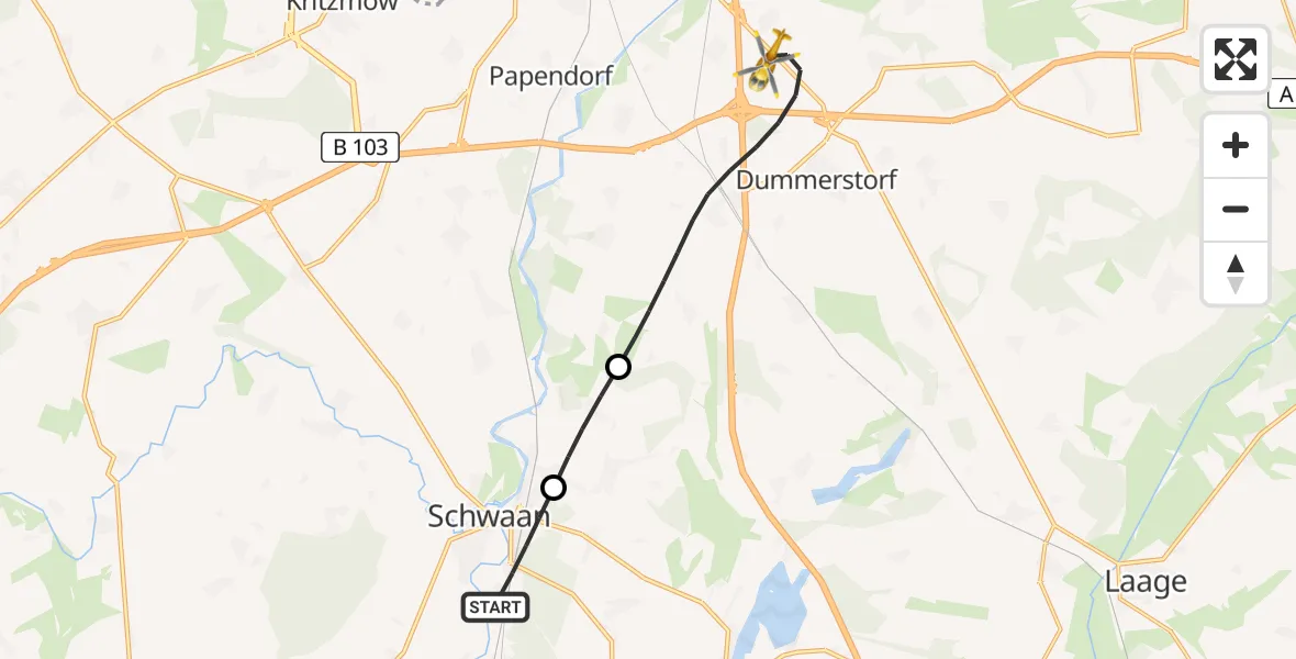 Flugroute Ambulanzhubschrauber Schwaan - Dummerstorf, 06 Juli 2026, 17:35