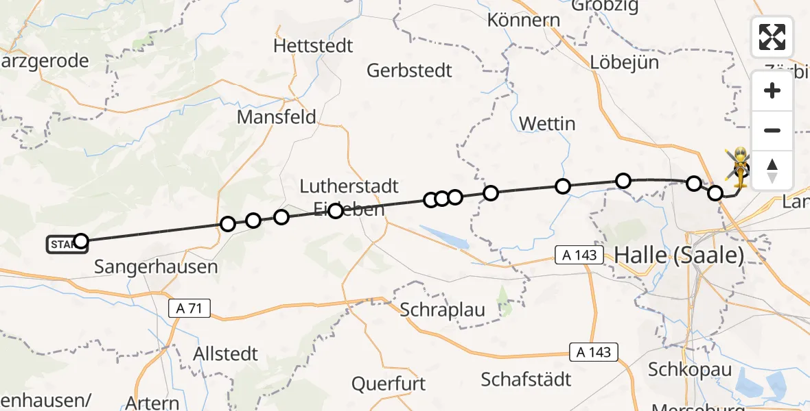 Flugroute Rettungshubschrauber Südharz - Halle-Oppin Flugplatz, 06 Juli 2026, 17:36