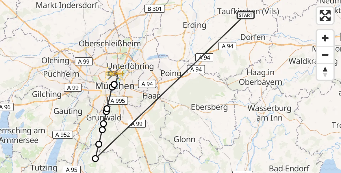 Flugroute Rettungshubschrauber Taufkirchen (Vils) - München, 06 Juli 2026, 17:41