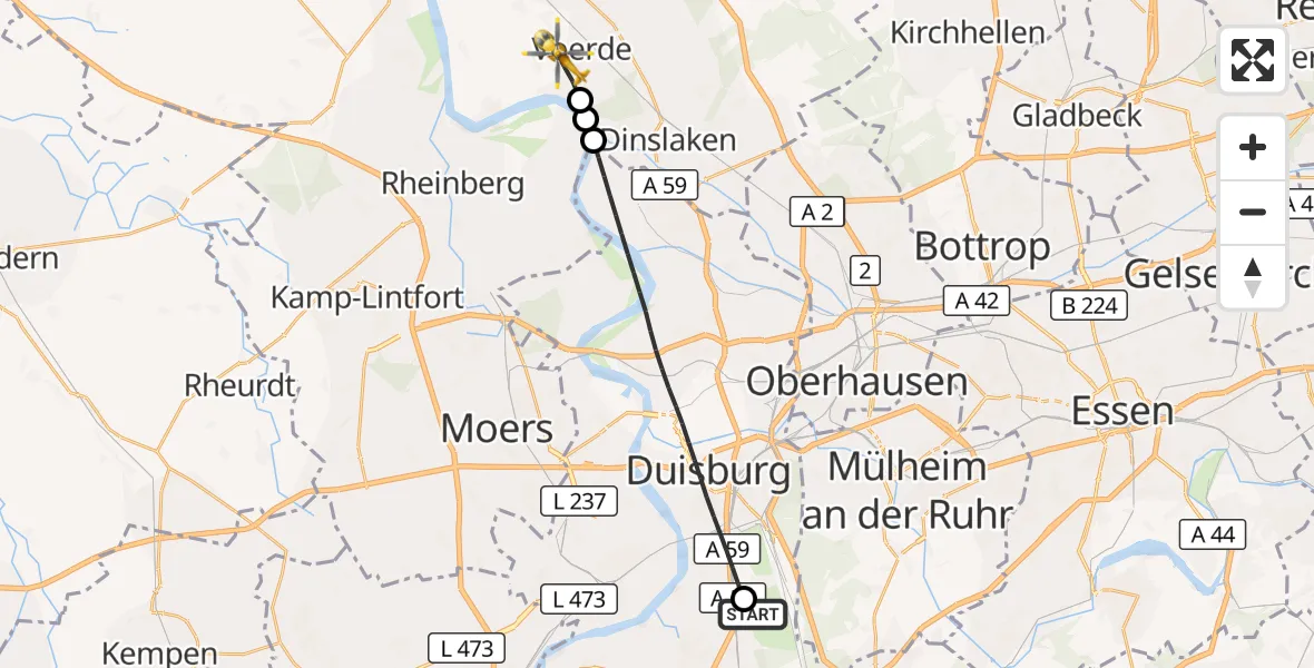 Flugroute Rettungshubschrauber Duisburg Air Rescue Hubschrauberlandeplatz (Christoph 9) - Voerde (Niederrhein), 06 Juli 2026, 17:42