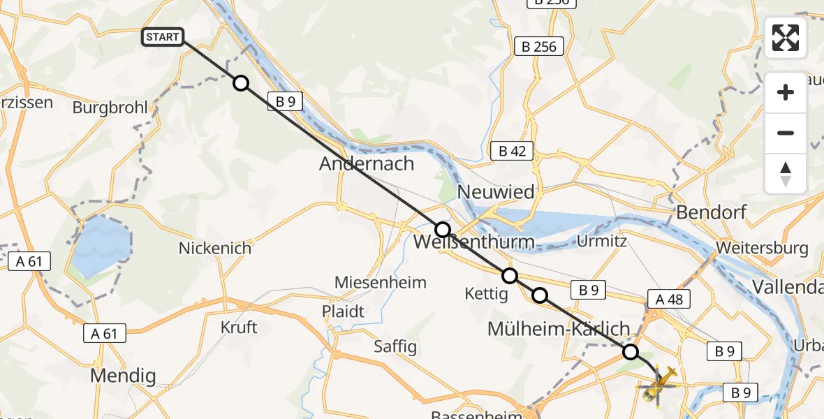 Flugroute Rettungshubschrauber Brohl-Lützing - Koblenz, 06 Juli 2026, 17:46