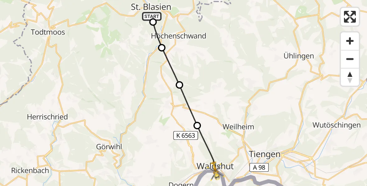Flugroute Rettungshubschrauber St. Blasien - Waldshut-Tiengen, 06 Juli 2026, 17:51