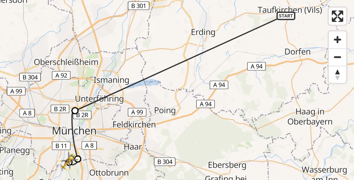 Flugroute Rettungshubschrauber Taufkirchen (Vils) - ADAC Air Rescue Center Hubschrauberlandeplatz (Christoph 1), 06 Juli 2026, 17:58