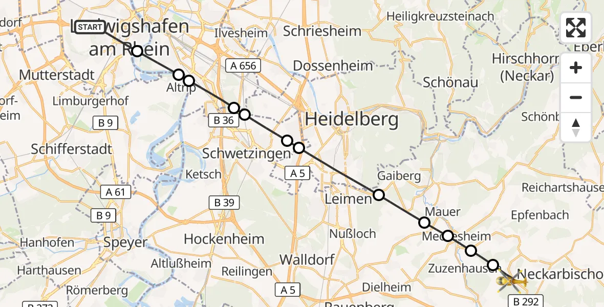 Flugroute Rettungshubschrauber Ludwigshafen am Rhein - Waibstadt, 06 Juli 2026, 17:58