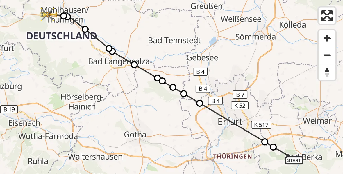 Flugroute Ambulanzhubschrauber Bad Berka - Mühlhausen/Thüringen, 06 Juli 2026, 17:59