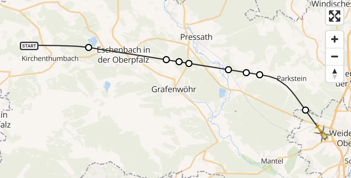 Flugroute Ambulanzhubschrauber Kirchenthumbach - Weiden in der Oberpfalz Flugplatz, 06 Juli 2026, 18:00