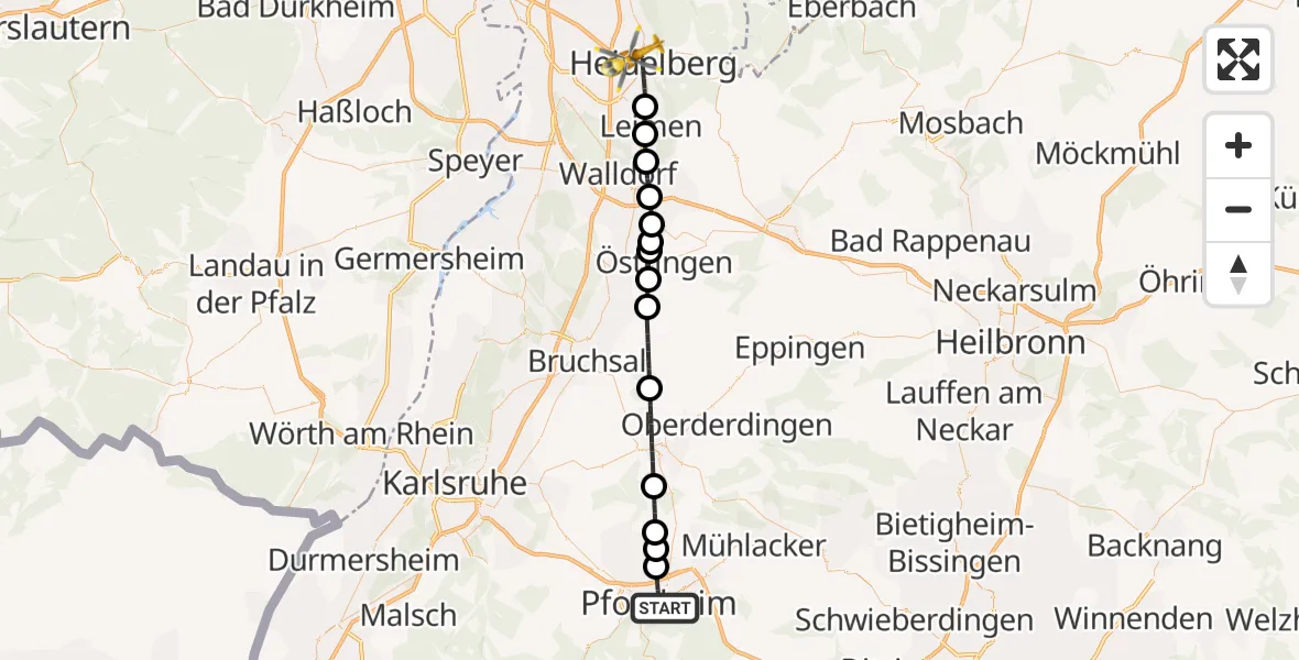 Flugroute Ambulanzhubschrauber Pforzheim - Heidelberg, 06 Juli 2026, 18:04