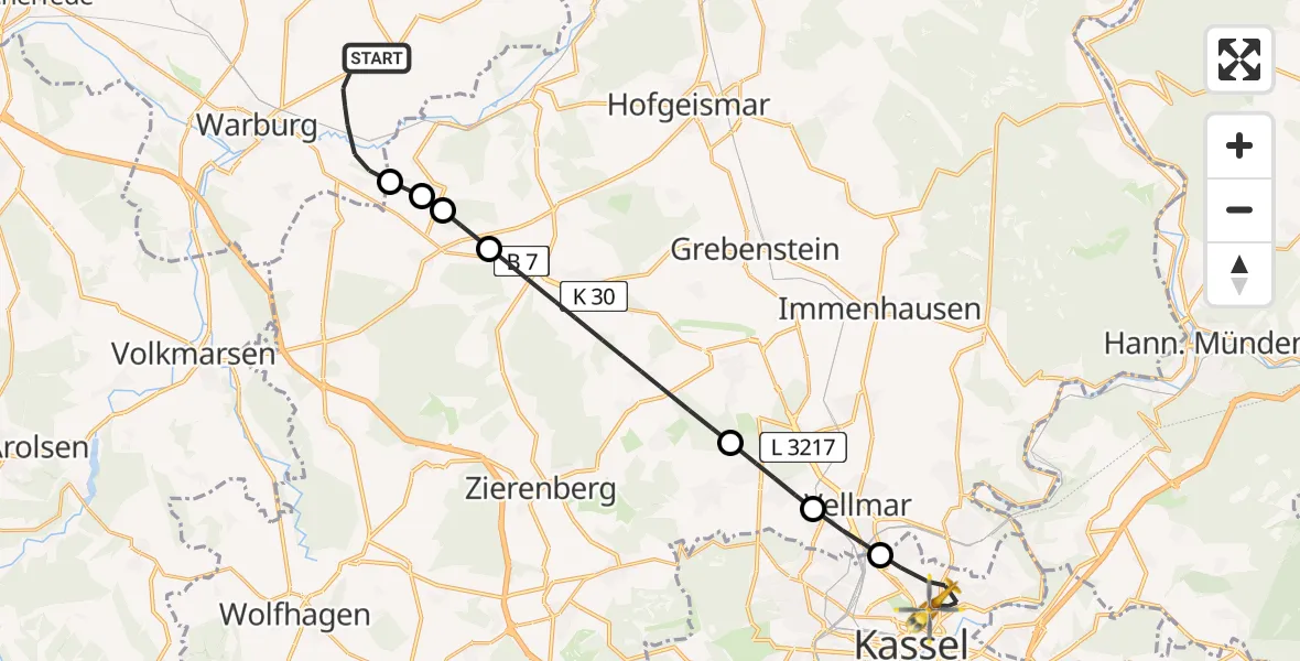 Flugroute Rettungshubschrauber Warburg - Kassel, 06 Juli 2026, 18:09