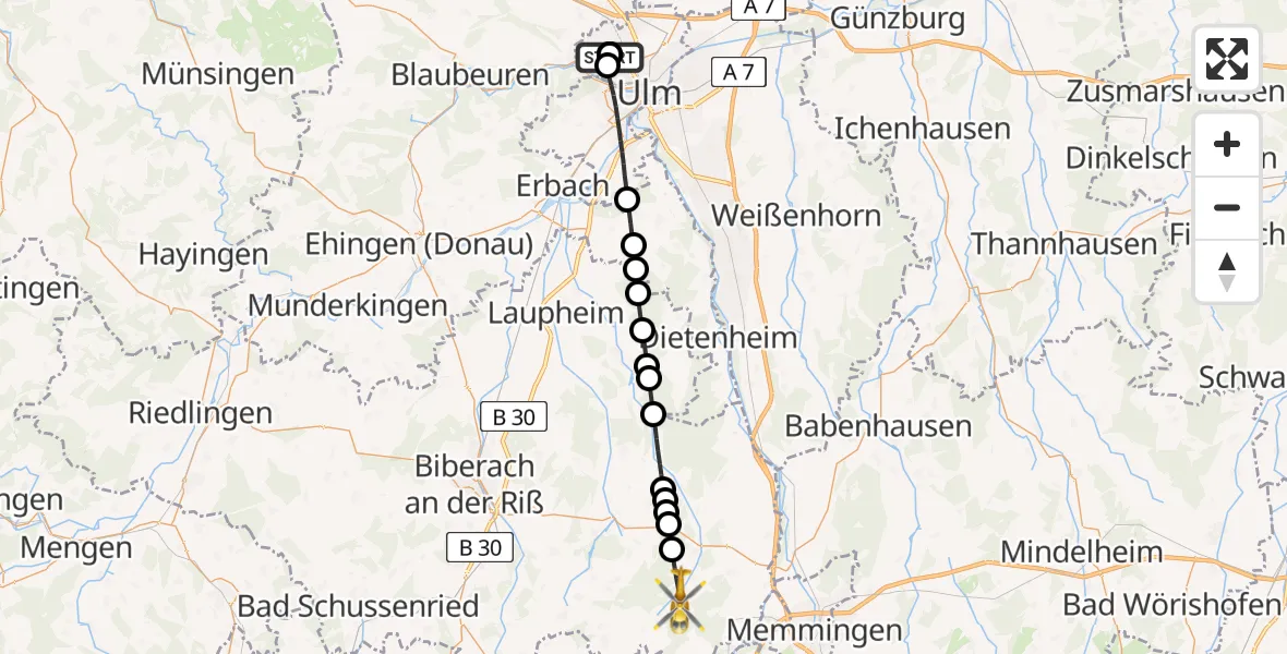 Flugroute Rettungshubschrauber Ulm Military Hospital Emergency - Rot an der Rot, 06 Juli 2026, 18:17