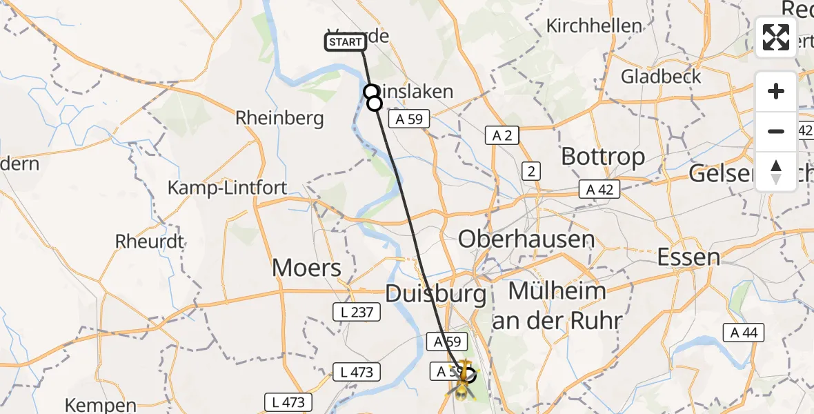 Flugroute Rettungshubschrauber Voerde (Niederrhein) - Duisburg Air Rescue Hubschrauberlandeplatz (Christoph 9), 06 Juli 2026, 18:18
