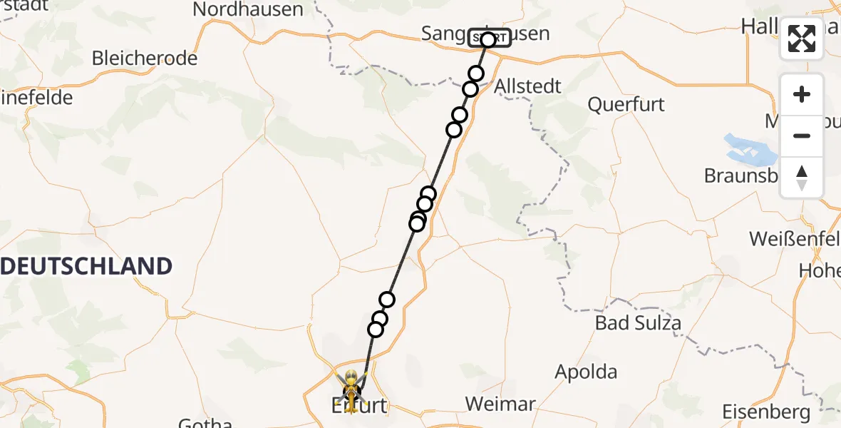 Flugroute Rettungshubschrauber Helios Clinic Mansfeld-Südharz - Helios Clinic Erfurt, 06 Juli 2026, 18:19