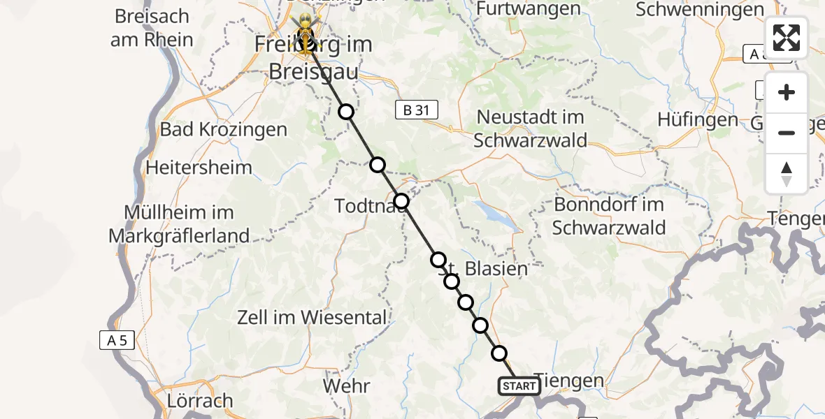 Flugroute Rettungshubschrauber Waldshut-Tiengen - Freiburg im Breisgau Flugplatz, 06 Juli 2026, 18:22