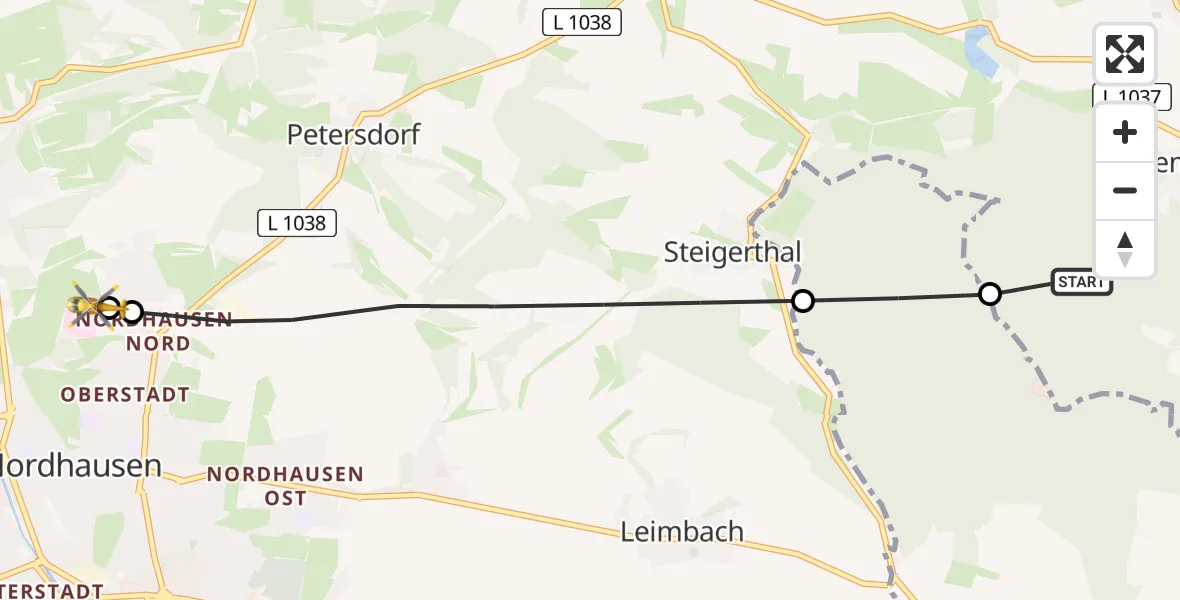 Flugroute Rettungshubschrauber Nordhausen - Südharz Hospital Nordhausen, 06 Juli 2026, 18:25