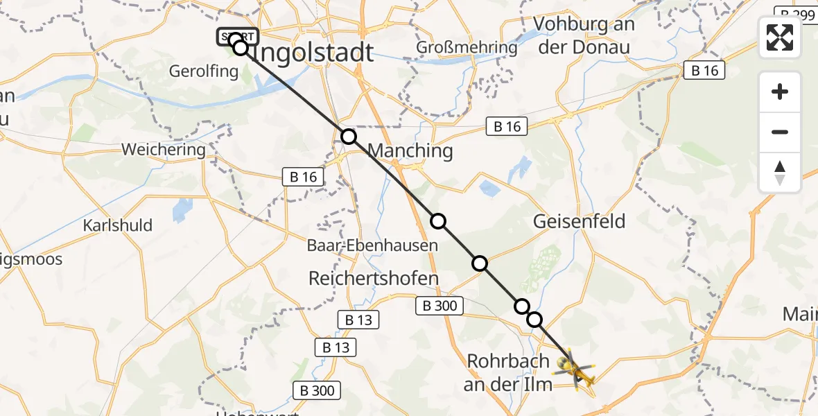 Flugroute Rettungshubschrauber Ingolstadt Hospital - Wolnzach, 06 Juli 2026, 18:28