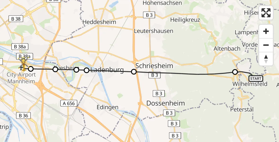 Flugroute Rettungshubschrauber Wilhelmsfeld - Mannheim-City Flughafen, 06 Juli 2026, 18:31