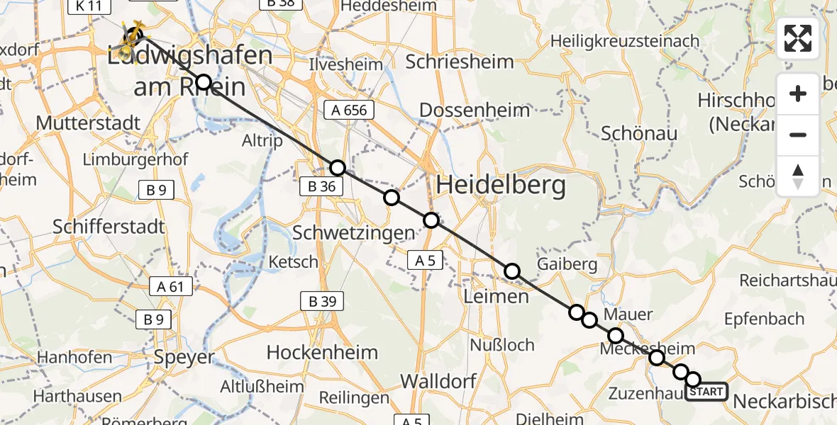 Flugroute Rettungshubschrauber Waibstadt - Ludwigshafen Accident Hospital, 06 Juli 2026, 18:33