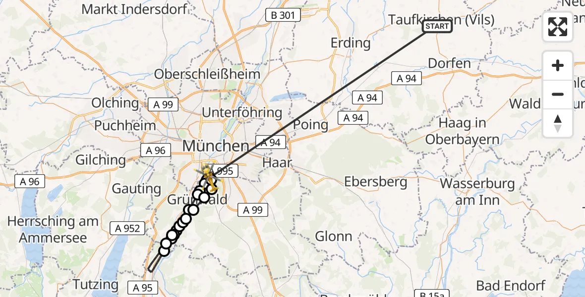 Flugroute Rettungshubschrauber Taufkirchen (Vils) - ADAC Air Rescue Center Hubschrauberlandeplatz (Christoph 1), 06 Juli 2026, 18:35