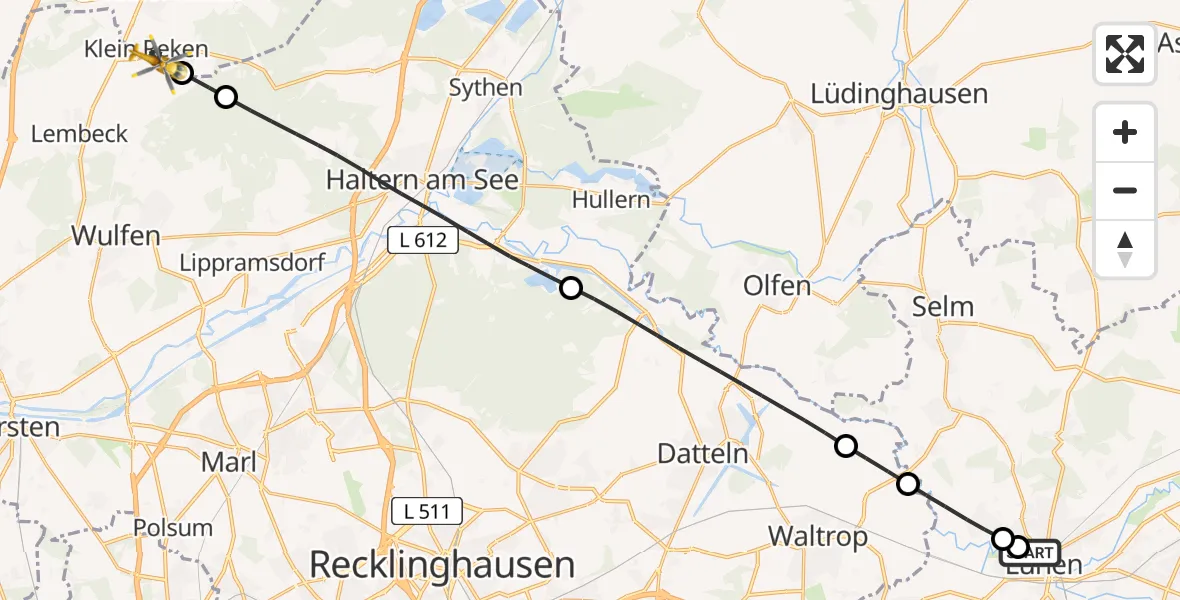 Flugroute Rettungshubschrauber Sankt Marien Hospital - Reken, 06 Juli 2026, 18:40