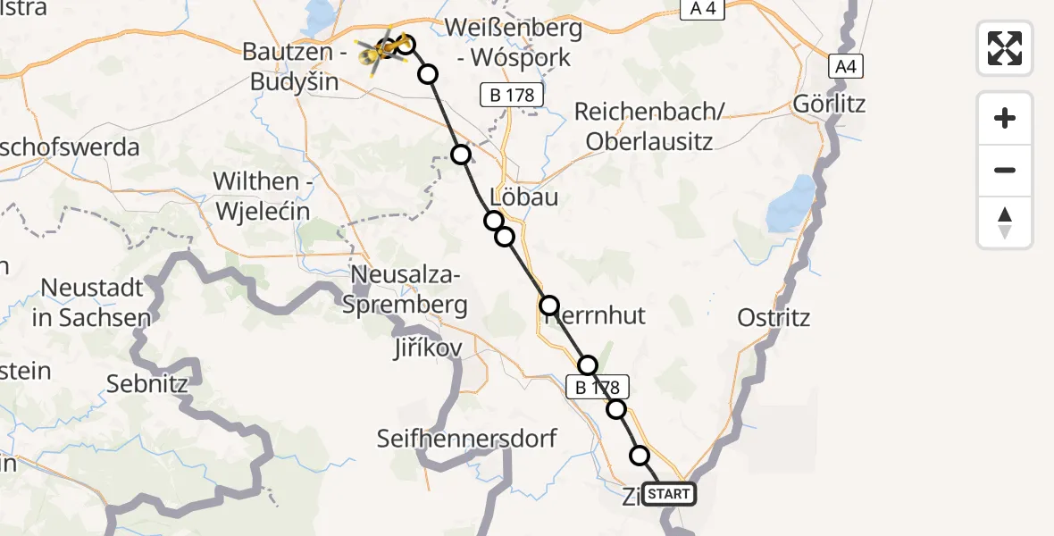 Flugroute Rettungshubschrauber Zittau - Bautzen Flugplatz, 06 Juli 2026, 18:40