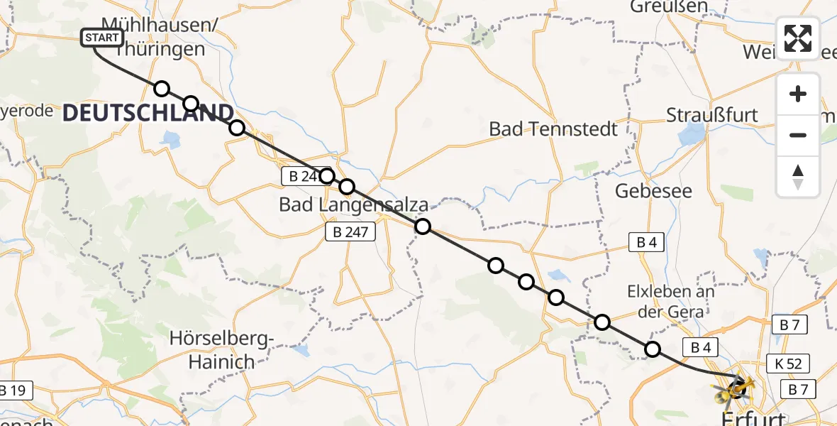 Flugroute Ambulanzhubschrauber Mühlhausen/Thüringen - Helios Clinic Erfurt, 06 Juli 2026, 18:40