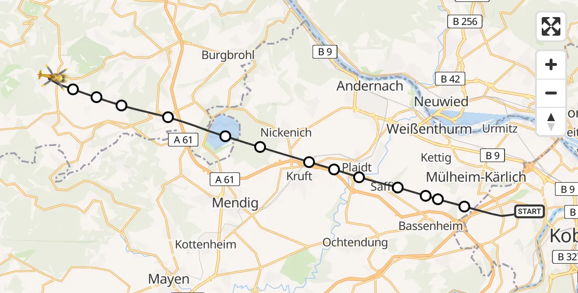 Flugroute Rettungshubschrauber Koblenz - Spessart, 06 Juli 2026, 18:42