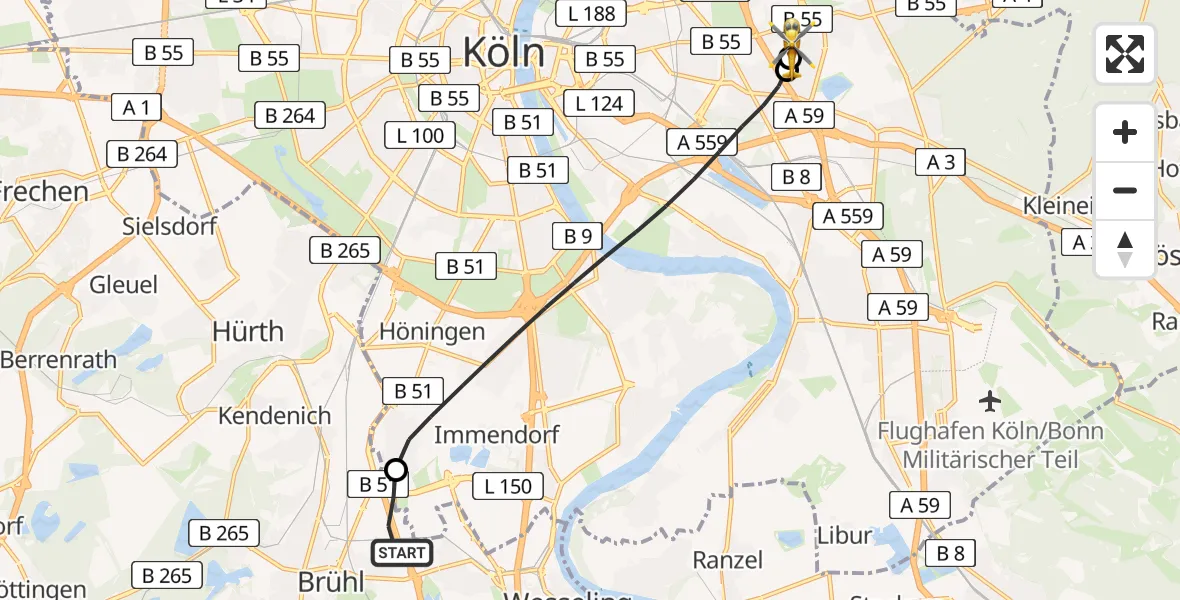 Flugroute Ambulanzhubschrauber Brühl - Merheim Hospital, 06 Juli 2026, 18:57