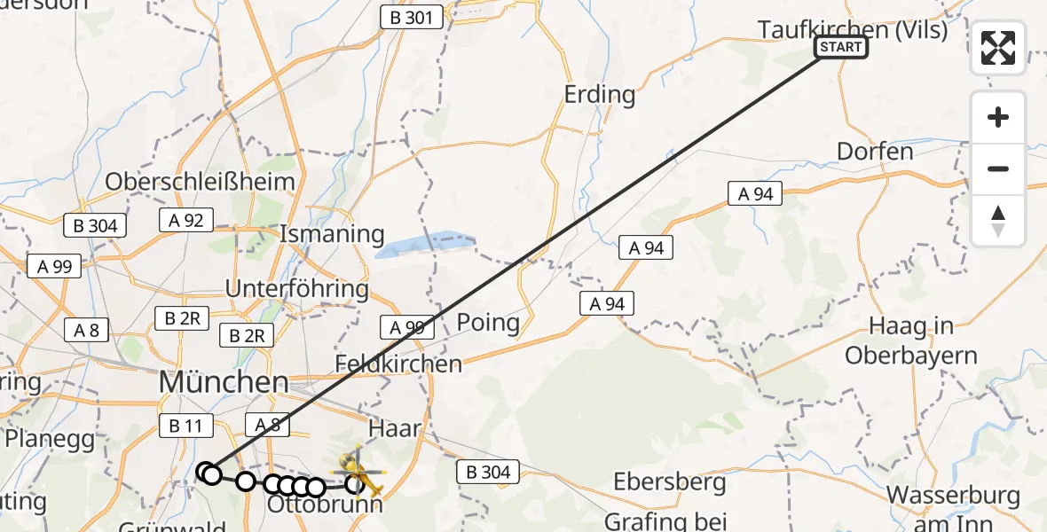 Flugroute Rettungshubschrauber Taufkirchen (Vils) - Putzbrunn, 06 Juli 2026, 18:58